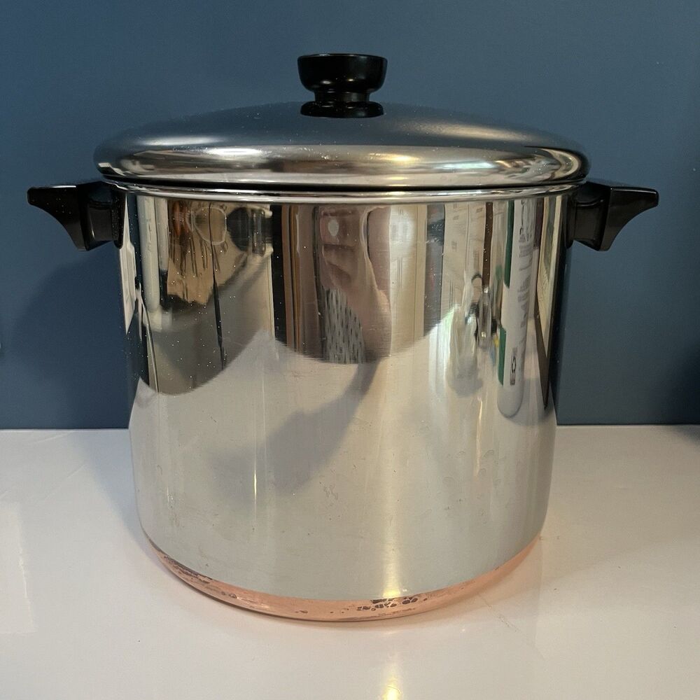 REVERE WARE 8 Qt Stock Pot & Lid Copper Bottom Clinton ILL USA Vtg Clean - Picture 3 of 15